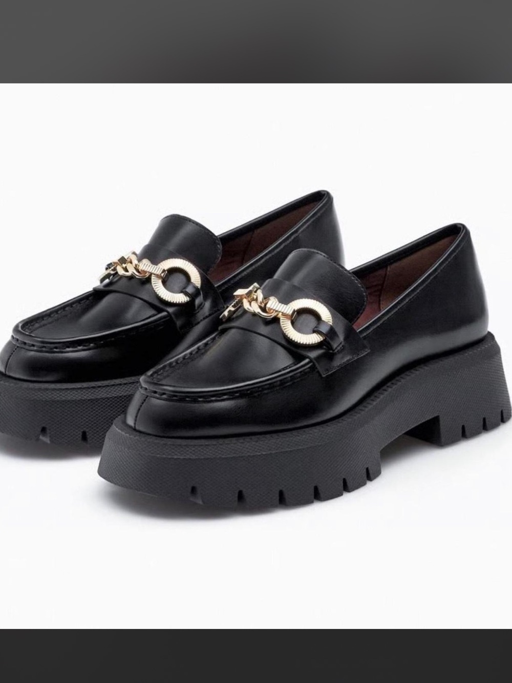 Zara Black Platform Chunky Slug Loafers with Gold Chain Accent